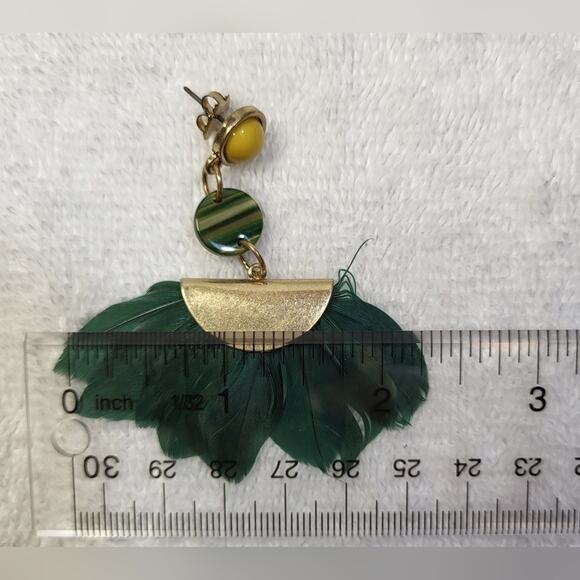 Green Feather Fan Statement Earrings – Boho Aztec Style, Pierced - Picture 3 of 4